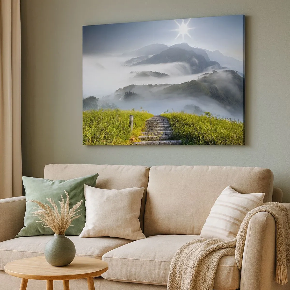 Quadro em tela - Escadas de pedra que levam através das montanhas envoltas na névoa da manhã - 70x50cm - Em direcção às nuvens - Decoração de parede moderna para a sala de estar e quarto ARTTOR
