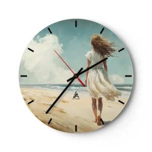 Relógio de parede - Relógio em vidro - Uma mulher de vestido branco caminhando descalça na praia - 30x30cm - Para encontrar o sol e o vento - Decoração de parede moderna para a sala de estar, cozinha e quarto ARTTOR