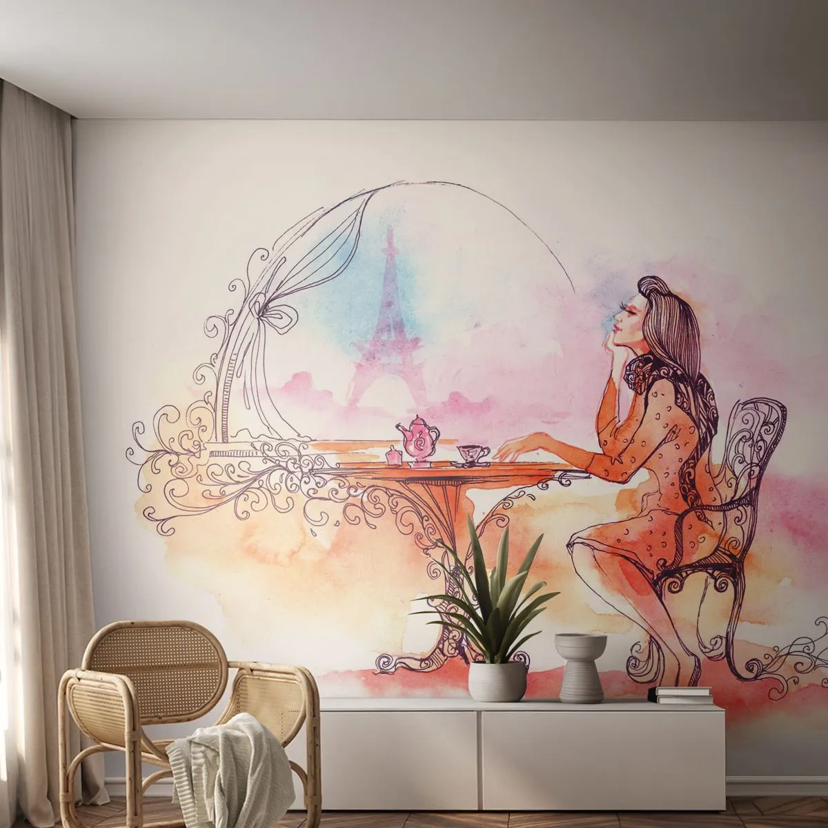 Papel de Parede Standard Eco - Uma mulher romântica em uma mesa com vista para a torre - 100x70cm - Elegância parisiense - Decoração de parede moderna para a sala de estar e quarto ARTTOR