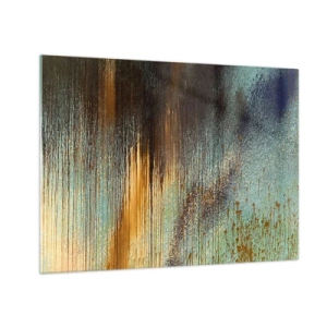 Quadro em vidro - Linhas e manchas abstratas em dourado, azul e preto - 70x50cm - Uma composição colorida não acidental - Decoração de parede moderna para a sala de estar e quarto ARTTOR