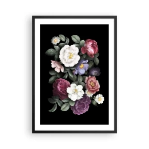 Pôster com moldura preta - Um buquê de flores em um fundo preto em estilo vintage - 50x70cm - Do jardim inglês - Decoração de parede moderna para a sala de estar e quarto ARTTOR