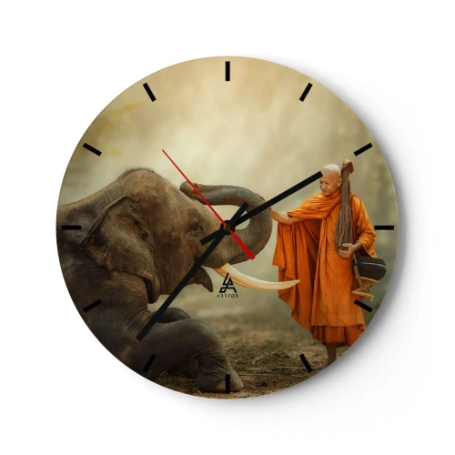Relógio de parede - Relógio em vidro - Um monge budista e um elefante em um ambiente natural e tranquilo - 30x30cm - Encontro na viagem - Decoração de parede moderna para a sala de estar, cozinha e quarto ARTTOR
