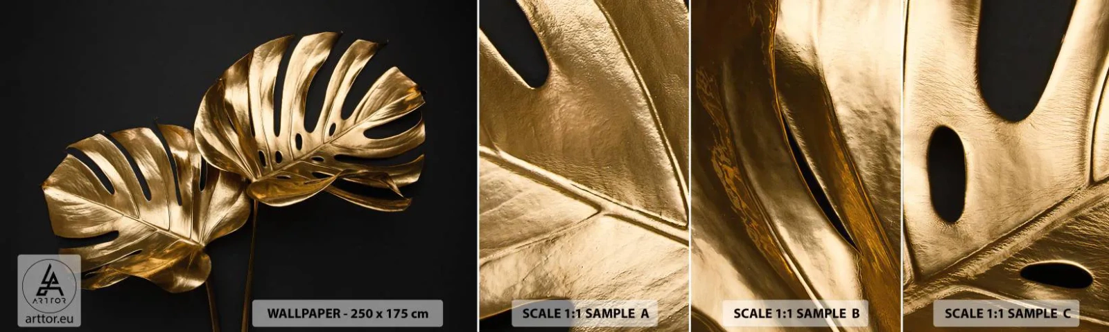 Amostra de Papel de Parede Standard Eco - Tesouros da natureza - Abstração, Folhas douradas, Folha de monstro - 100x30 cm