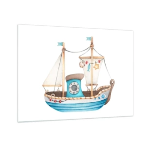 Quadro em vidro - Ilustração de um navio infantil em um fundo branco - 70x50cm - Vamos a isso! - Decoração de parede moderna para a sala de estar e quarto ARTTOR