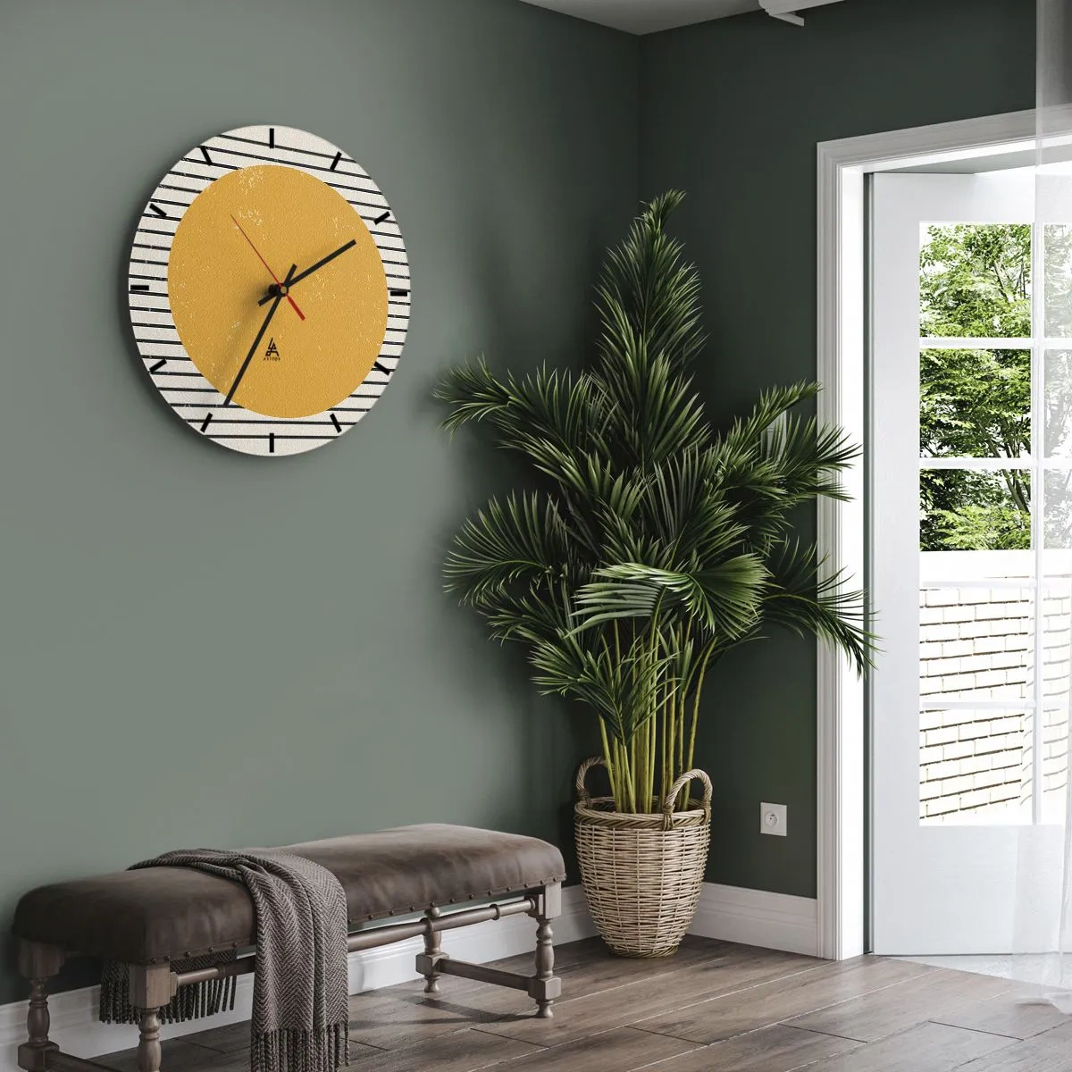 Relógio de parede - Relógio em vidro - Um círculo laranja em um fundo de listras pretas e brancas - 30x30cm - O poder da simplicidade - Decoração de parede moderna para a sala de estar, cozinha e quarto ARTTOR
