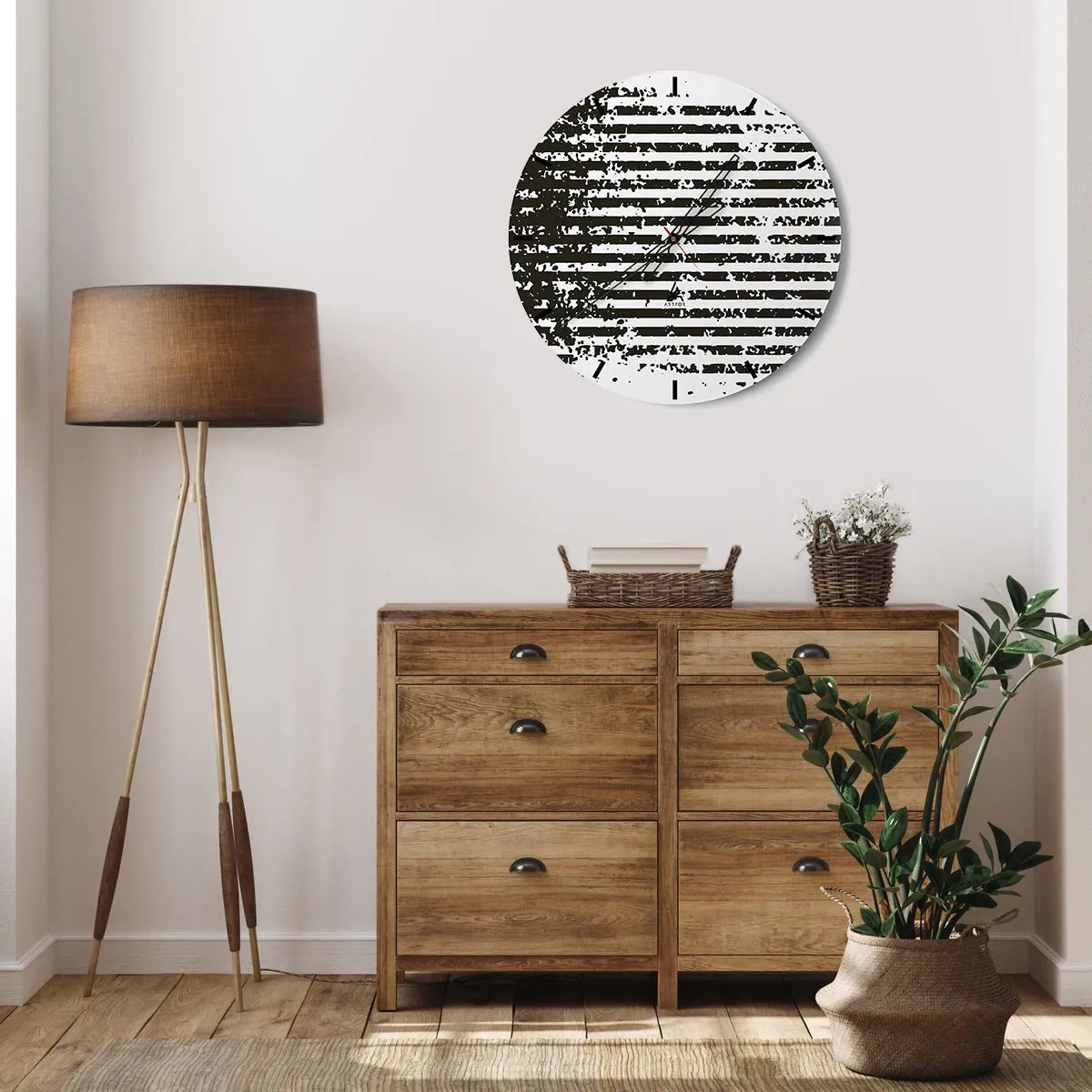 Relógio de parede - Relógio em vidro - Listras horizontais pretas e brancas com textura irregular - 30x30cm - Ritmo e ruído - Decoração de parede moderna para a sala de estar, cozinha e quarto ARTTOR