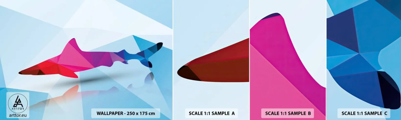 Amostra de papel de parede autocolante Deluxe Sticker - Tubarão no espaço de cristal - Animais, Tubarão, Figura Geométrica - 100x30 cm