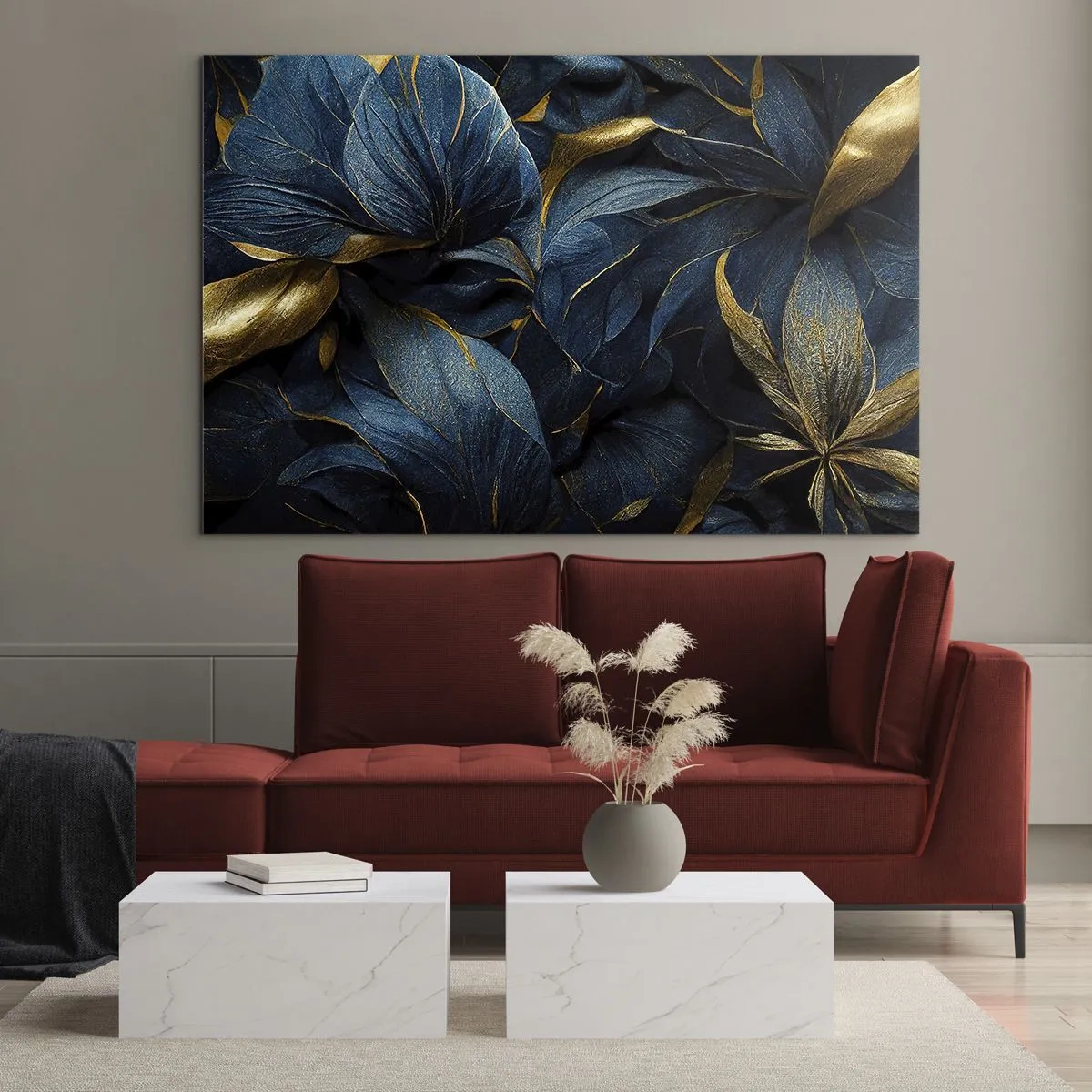 Quadro em vidro - Folhas azuis escuras com sutis detalhes dourados - 70x50cm - Forrado com ouro - Decoração de parede moderna para a sala de estar e quarto ARTTOR