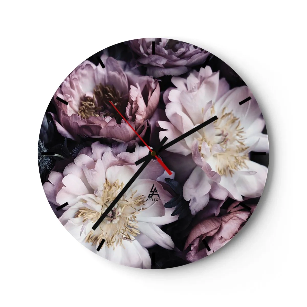 Relógio de parede - Relógio em vidro - Peônias rosa e creme em um arranjo denso e sombreado - 30x30cm - Bouquet à moda antiga - Decoração de parede moderna para a sala de estar, cozinha e quarto ARTTOR