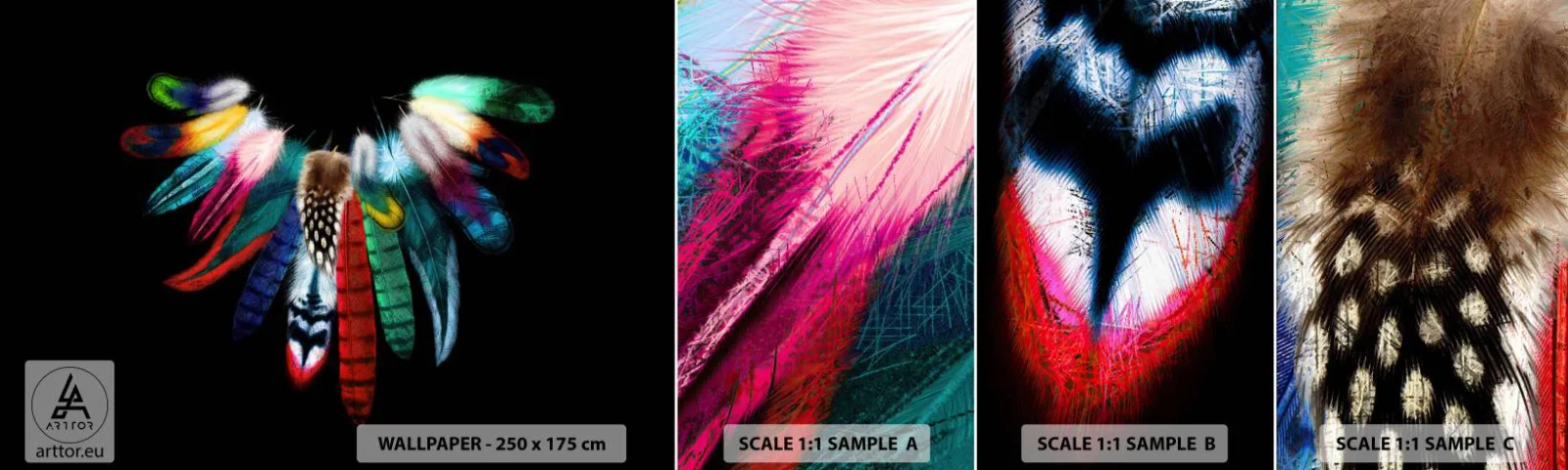 Amostra de papel de parede autocolante Deluxe Sticker - Colar indiano - Pena de pássaro, Boho, Gráficos - 100x30 cm