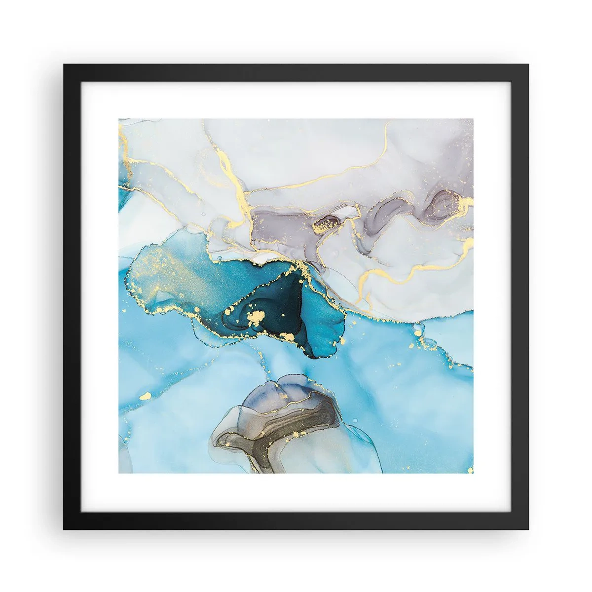 Pôster com moldura preta - Estudo do encontro do cinza e turquesa - 40x40 cm