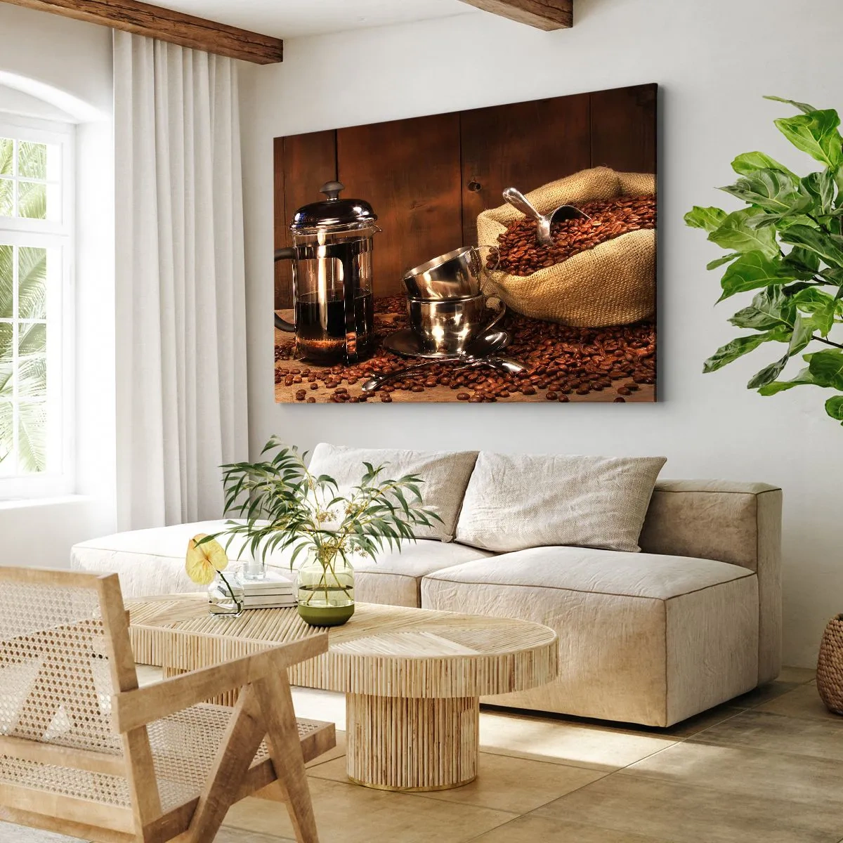 Quadro em tela - Prensa francesa, xícaras e um saco de café sobre um fundo de madeira - 70x50cm - O charme do café - aroma e sabor - Decoração de parede moderna para a sala de estar e quarto ARTTOR
