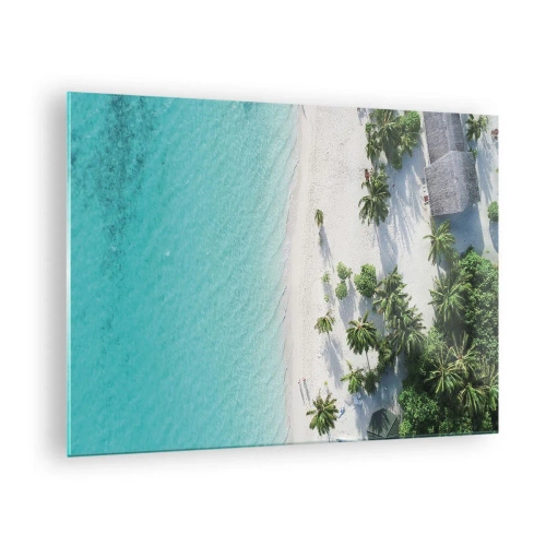 Quadro em vidro - Uma vista aérea de uma praia tropical com palmeiras e um mar azul-turquesa - 70x50cm - Férias no paraíso - Decoração de parede moderna para a sala de estar e quarto ARTTOR