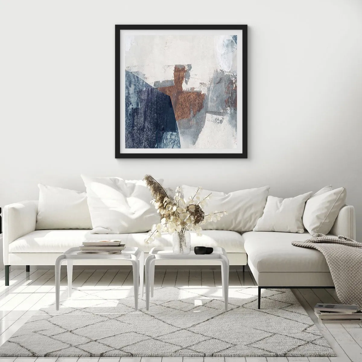 Pôster com moldura preta - Formas azuis e marrons - 50x50 cm