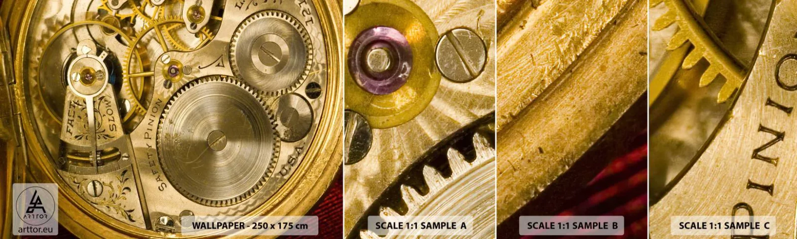 Amostra de Papel de Parede Standard Eco - Mova-se com o tempo - Relógio, Mecanismo de Relógio, Vintage - 100x30 cm