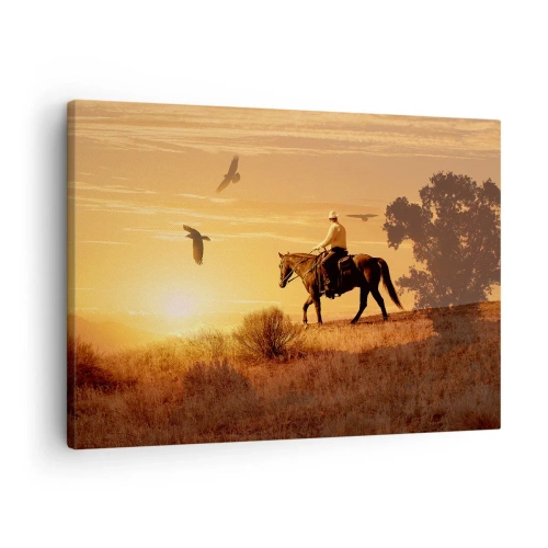 Quadro em tela - Um cavaleiro a cavalo ao pôr do sol contra a pradaria - 70x50cm - Sozinho em toda a pradaria - Decoração de parede moderna para a sala de estar e quarto ARTTOR