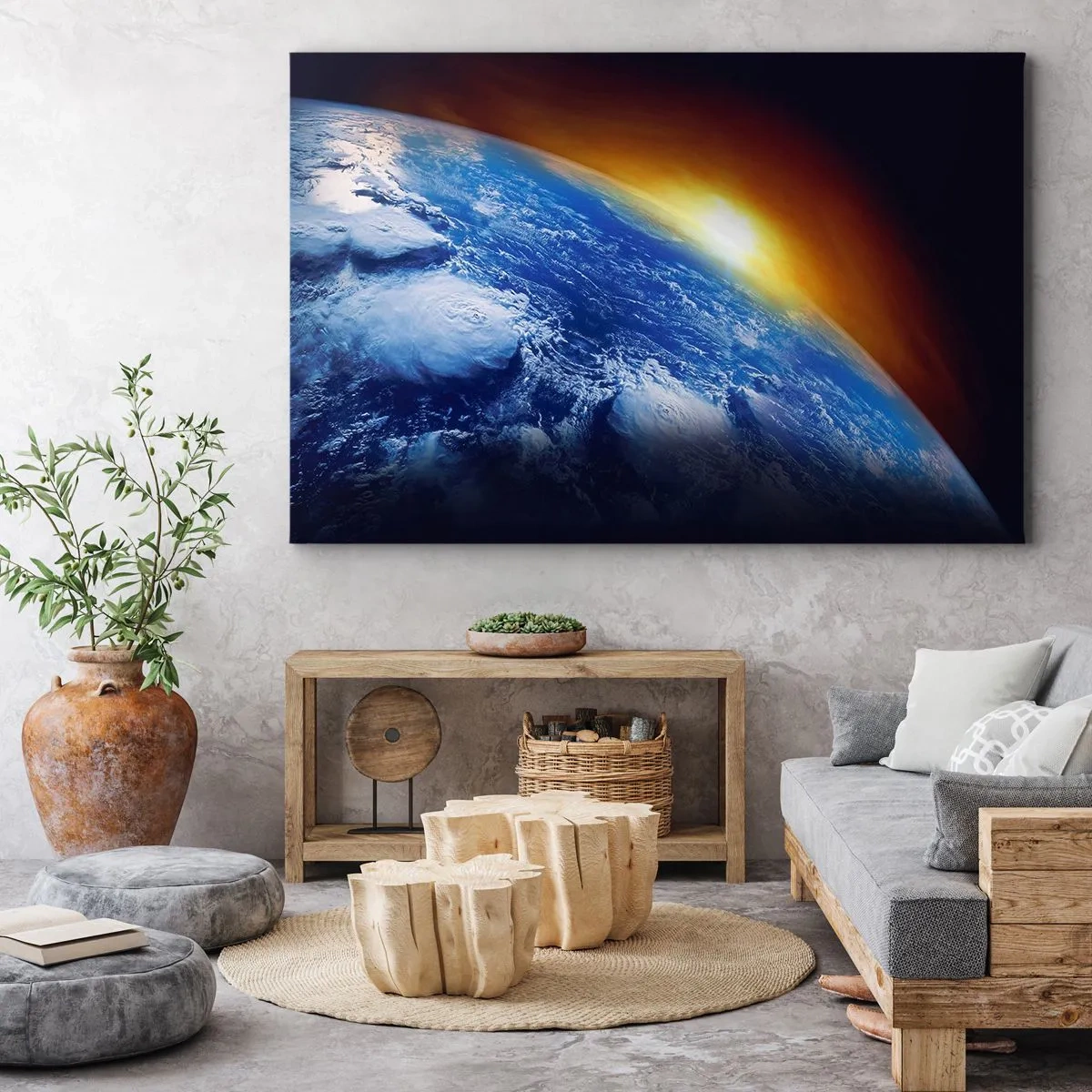Quadro em tela - Vista da Terra do espaço ao pôr do sol - 70x50cm - Nascer do sol sobre o planeta azul - Decoração de parede moderna para a sala de estar e quarto ARTTOR