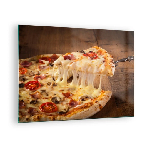 Quadro em vidro - Pizza com queijo fibroso, tomate e presunto em fundo de madeira - 70x50cm - Uma obra-prima da arte italiana - Decoração de parede moderna para a sala de estar e quarto ARTTOR