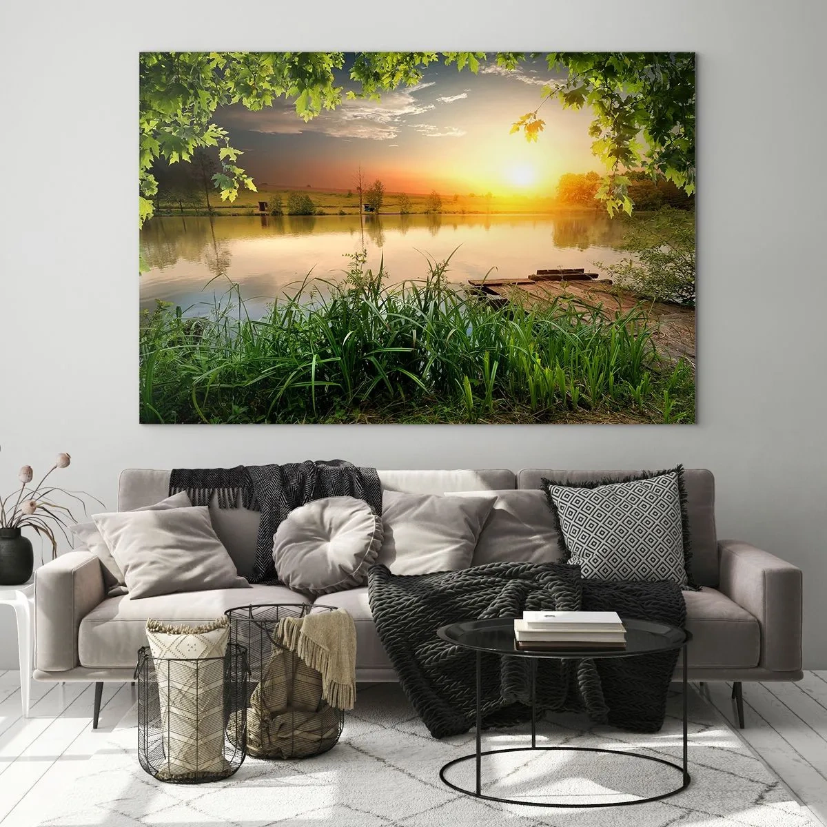 Quadro em vidro - Paisagem em uma moldura verde - 120x80 cm