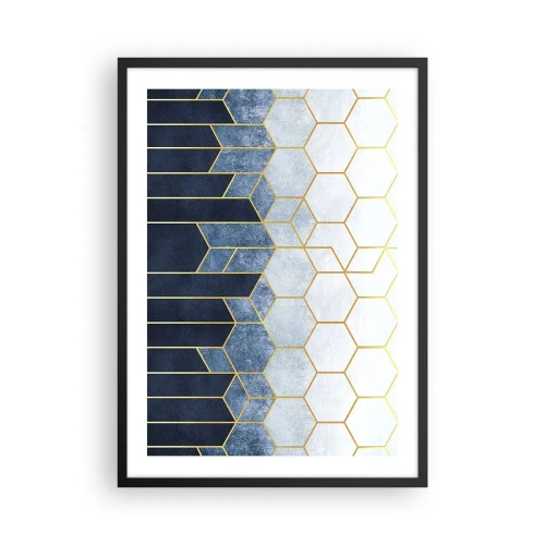 Pôster com moldura preta - Composição geométrica em tons de azul marinho e dourado com hexágonos - 50x70cm - Composição em ritmo sincopado - Decoração de parede moderna para a sala de estar e quarto ARTTOR
