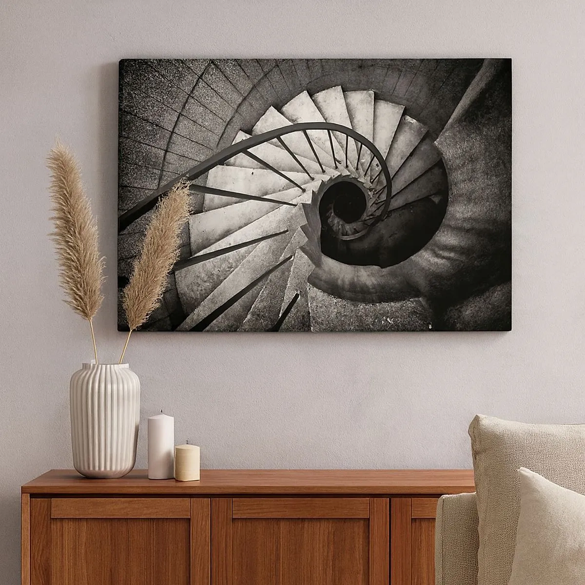 Quadro em tela - Escada em espiral preta e branca em estilo moderno - 70x50cm - Suba as escadas, desça as escadas - Decoração de parede moderna para a sala de estar e quarto ARTTOR