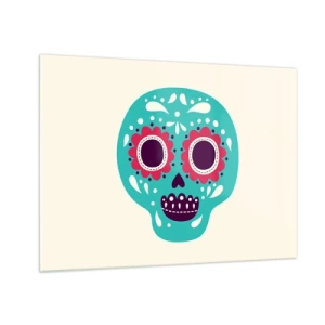 Quadro em vidro - Uma caveira colorida decorada com padrões em um fundo claro - 70x50cm - Vida – diversão até a morte - Decoração de parede moderna para a sala de estar e quarto ARTTOR