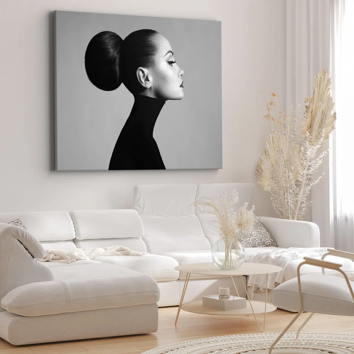 Quadro em tela - Perfil de uma mulher em preto e branco com um coque elegante - 70x50cm - Nefertiti moderna - Decoração de parede moderna para a sala de estar e quarto ARTTOR