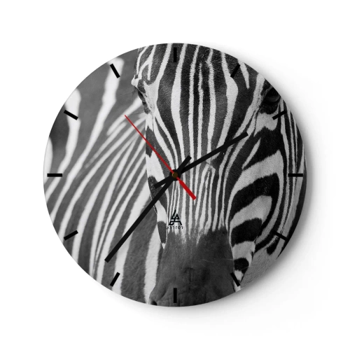 Relógio de parede - Relógio em vidro - Close-up de um padrão de zebra preto e branco - 30x30cm - O mundo é preto e branco - Decoração de parede moderna para a sala de estar, cozinha e quarto ARTTOR
