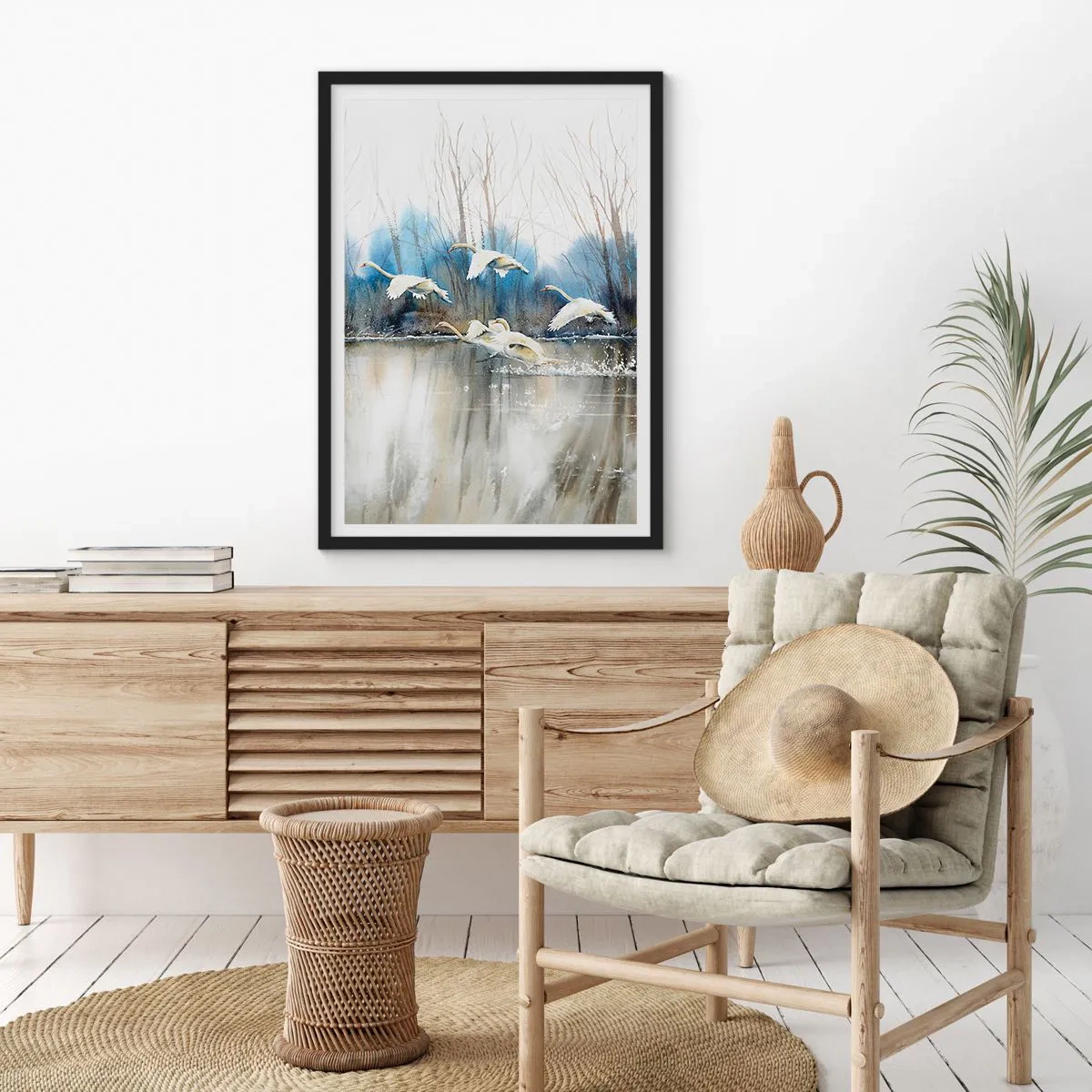 Pôster com moldura preta - Um bando de cisnes flutuando sobre a água em um estilo pictórico - 50x70cm - Como no conto de fadas sobre cisnes selvagens - Decoração de parede moderna para a sala de estar e quarto ARTTOR