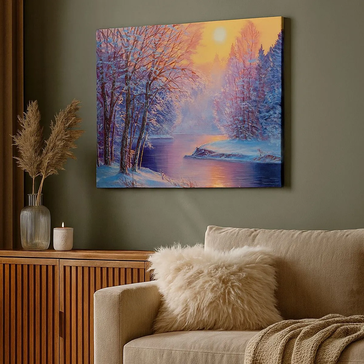 Quadro em tela - Paisagem de inverno com rio e árvores ao nascer do sol - 70x50cm - Cores do inverno - Decoração de parede moderna para a sala de estar e quarto ARTTOR