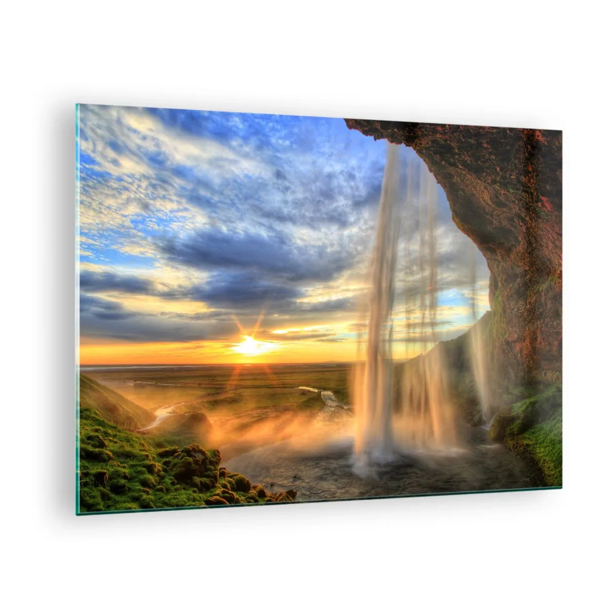 Quadro em vidro - Cachoeira com vista para o pôr do sol e o vale - 70x50cm - O mundo por trás das gotas - Decoração de parede moderna para a sala de estar e quarto ARTTOR