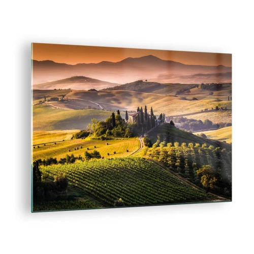 Quadro em vidro - Paisagem toscana ao nascer do sol - 70x50cm - Arcádia - Paisagem toscana - Decoração de parede moderna para a sala de estar e quarto ARTTOR