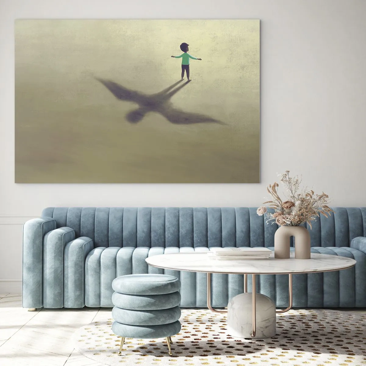 Quadro em vidro - Um menino com uma sombra em forma de pássaro em um fundo bege - 70x50cm - Herói do futuro - Decoração de parede moderna para a sala de estar e quarto ARTTOR