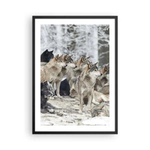 Pôster com moldura preta - Um grupo de lobos na floresta de inverno - 50x70cm - Família e amigos - Decoração de parede moderna para a sala de estar e quarto ARTTOR