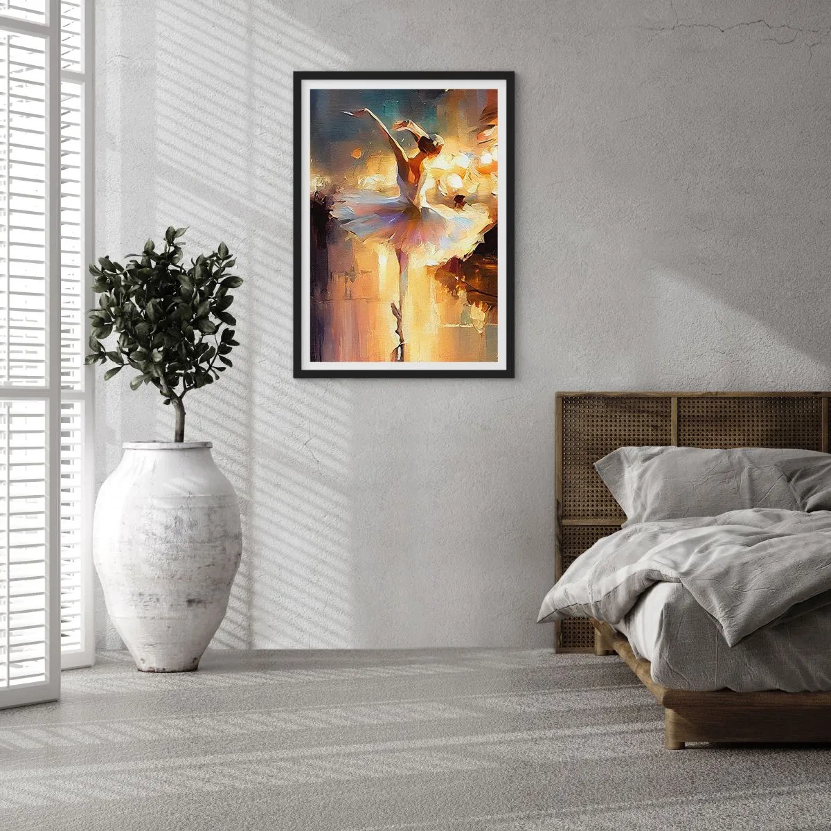 Pôster com moldura preta - Uma bailarina na luz dourada do palco - 50x70cm - Milagre na rua - Decoração de parede moderna para a sala de estar e quarto ARTTOR