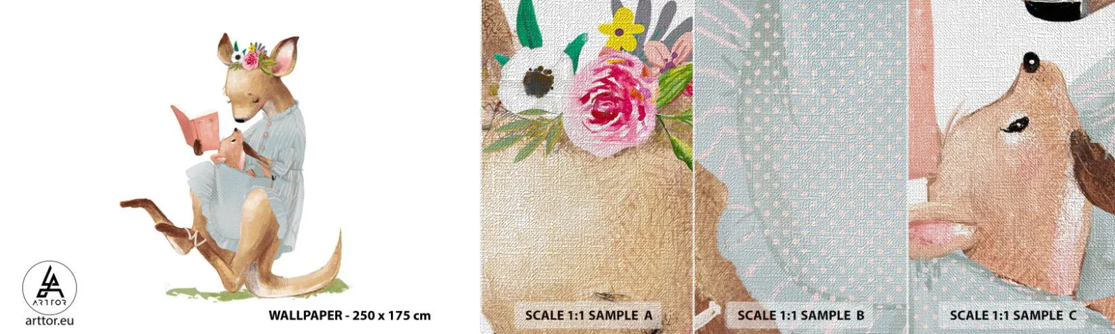 Amostra de papel de parede Premium Canvas - Leia para mim, mamãe - Para crianças, Canguru, Mãe com filho - 100x30 cm