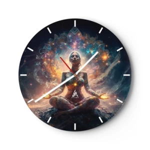 Relógio de parede - Relógio em vidro - Uma mulher em meditação cercada pela energia das cores da galáxia. - 30x30cm - Fluxo de boa energia - Decoração de parede moderna para a sala de estar, cozinha e quarto ARTTOR