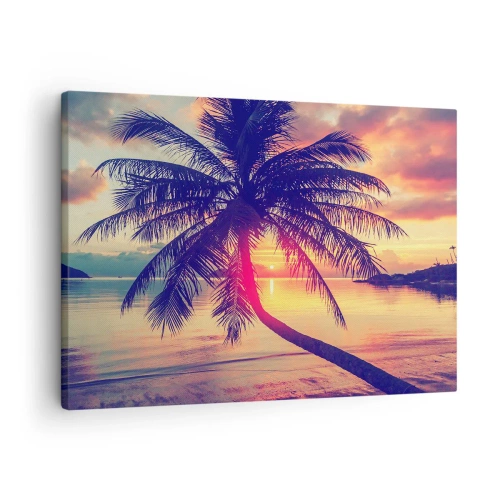 Quadro em tela - Pôr do sol com uma palmeira sobre uma praia tranquila - 70x50cm - Uma noite sob as palmeiras - Decoração de parede moderna para a sala de estar e quarto ARTTOR