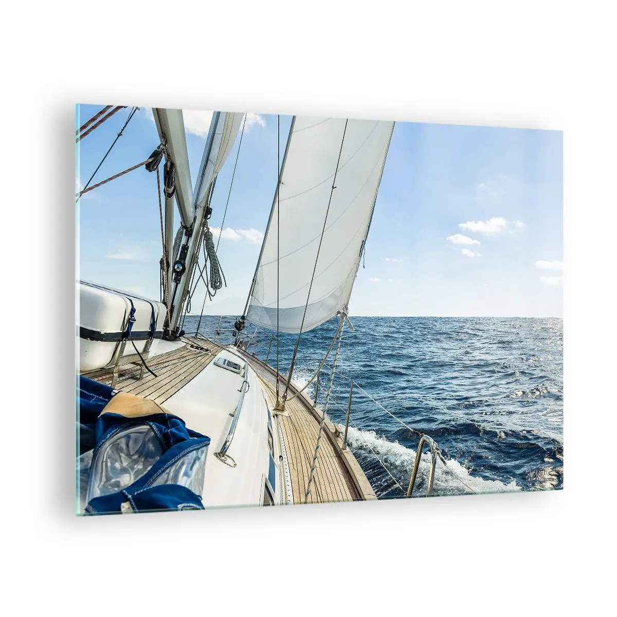 Quadro em vidro - Um iate em mar aberto com suas velas desfraldadas - 70x50cm - Ahoy, aventura - Decoração de parede moderna para a sala de estar e quarto ARTTOR