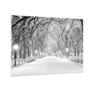 Quadro em vidro - Beco de árvores de inverno no parque com luzes e neve - 70x50cm - Quatro estações - inverno - Decoração de parede moderna para a sala de estar e quarto ARTTOR