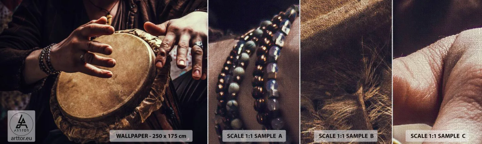 Amostra de papel de parede Premium Canvas - No ritmo do coração - Jogo de bateria, África, Música - 100x30 cm