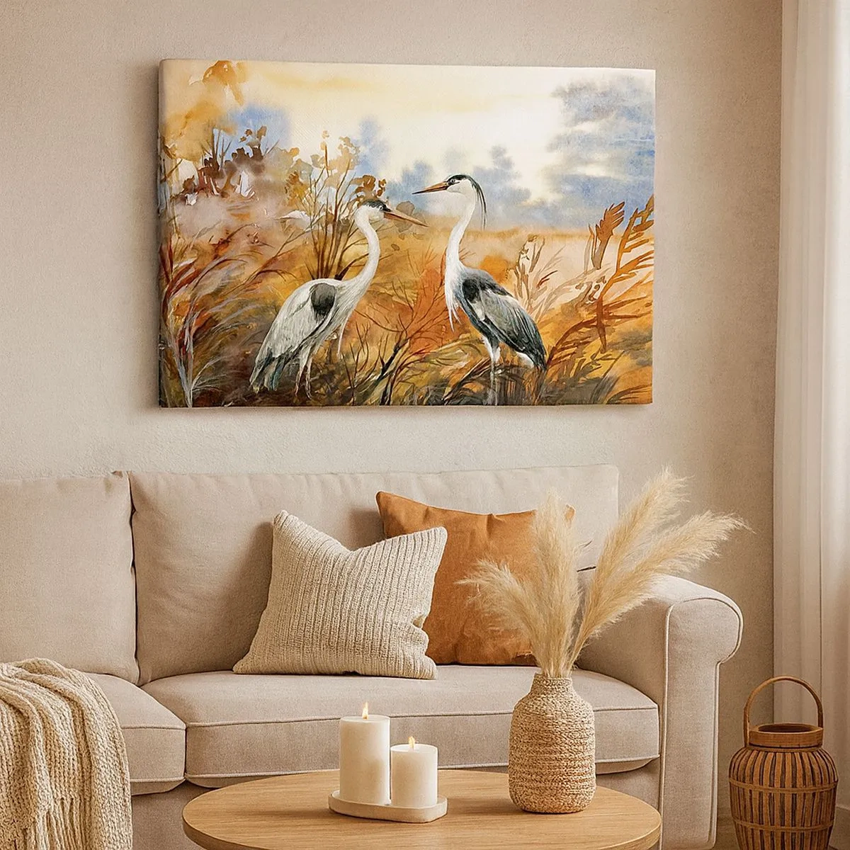 Quadro em tela - Duas garças no fundo de uma paisagem de outono - 70x50cm - Para onde ir no outono? - Decoração de parede moderna para a sala de estar e quarto ARTTOR