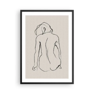 Pôster com moldura preta - Um esboço minimalista de uma mulher nua sentada de costas. - 50x70cm - Nu de rapariga - Decoração de parede moderna para a sala de estar e quarto ARTTOR