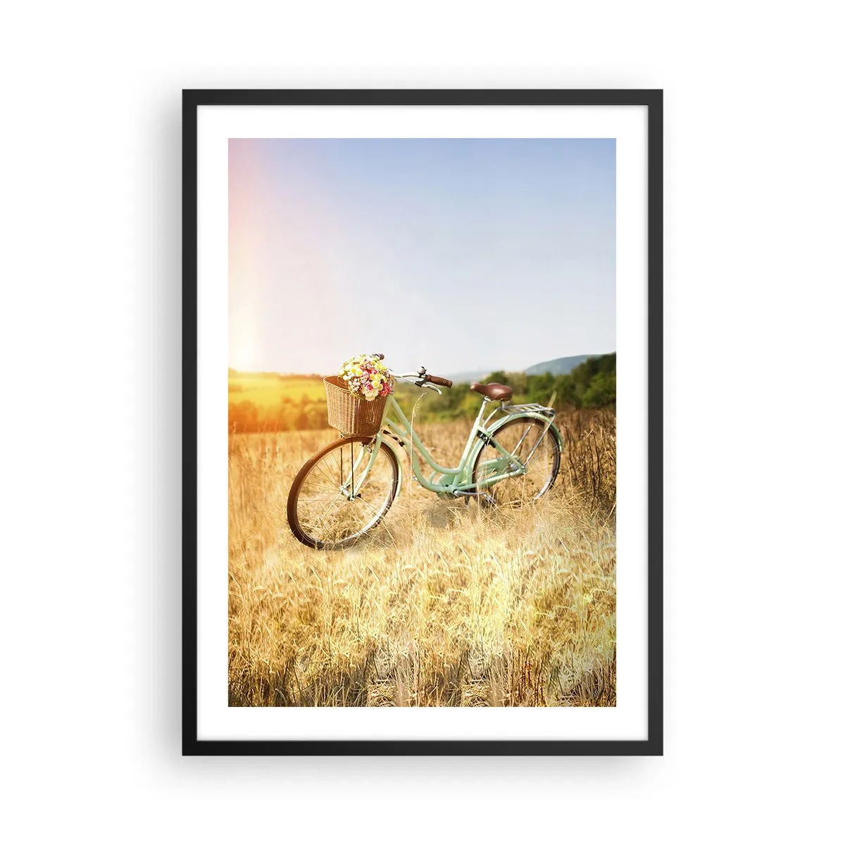 Pôster com moldura preta - Uma bicicleta com uma cesta cheia de flores em um prado - 50x70cm - Vou ficar aqui por um tempo - Decoração de parede moderna para a sala de estar e quarto ARTTOR