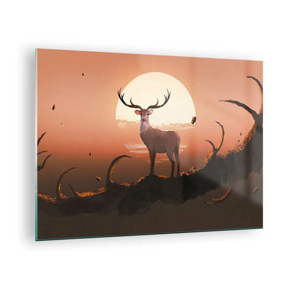 Quadro em vidro - Silhueta de um veado contra o pano de fundo de uma grande lua cercada por galhos - 70x50cm - Esta noite é diferente de qualquer outra - Decoração de parede moderna para a sala de estar e quarto ARTTOR