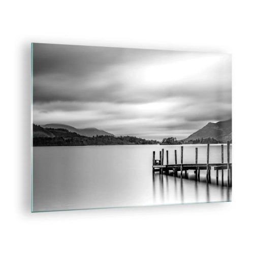 Quadro em vidro - Paisagem em preto e branco com um lago e um píer de madeira - 70x50cm - Gentileza e força - Decoração de parede moderna para a sala de estar e quarto ARTTOR