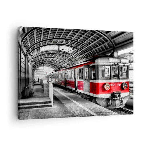 Quadro em tela - Trem vermelho na estação sob um teto - 70x50cm - Talvez seja a viagem de sua vida? - Decoração de parede moderna para a sala de estar e quarto ARTTOR