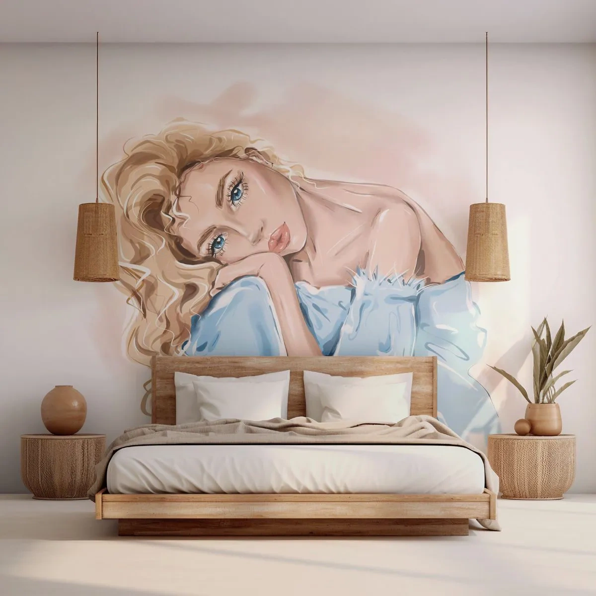 Papel de Parede Premium Canvas - Sonhadora em azul - Mulher, Moda, Gráficos - 150x105 cm