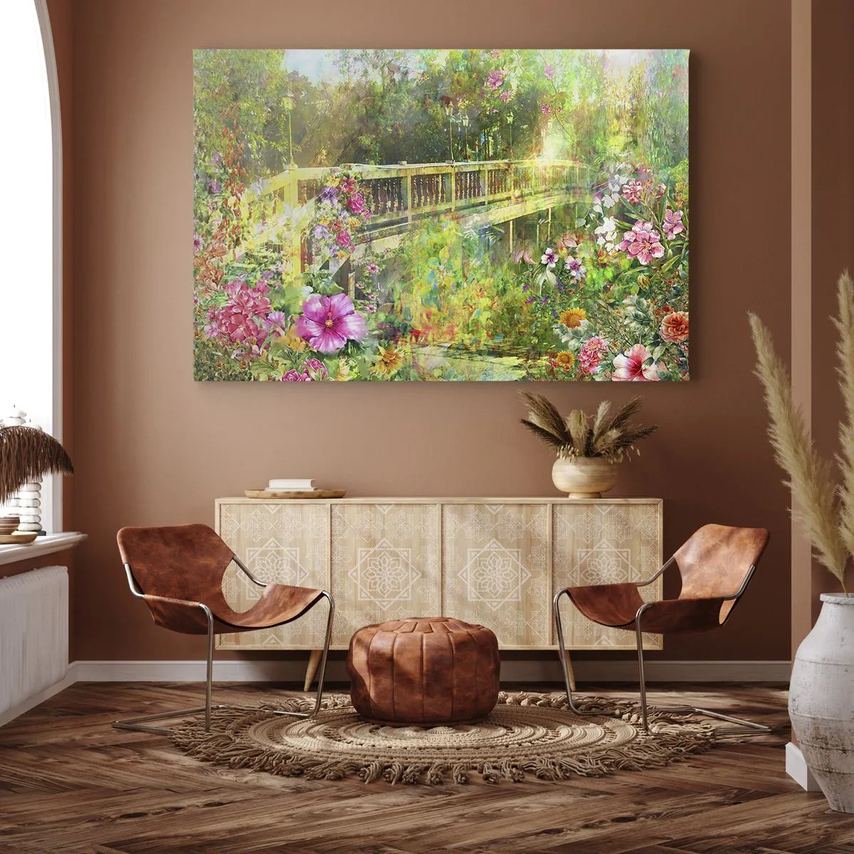 Quadro em tela - Uma ponte cercada por vegetação exuberante e flores - 70x50cm - A ponte dos suspiros da primavera - Decoração de parede moderna para a sala de estar e quarto ARTTOR