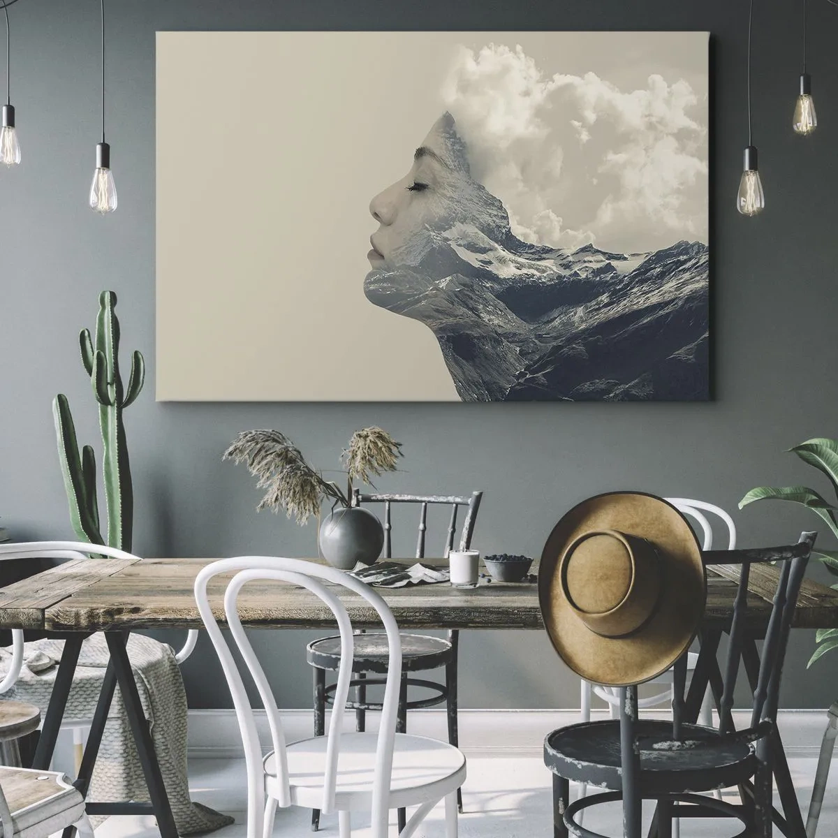 Quadro em tela - Silhueta de uma mulher com uma paisagem de montanha ao fundo - 70x50cm - A beleza dos elementos da natureza - Decoração de parede moderna para a sala de estar e quarto ARTTOR